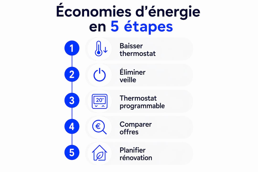 Visuel illustrant les cinq gestes essentiels pour réduire sa consommation d’énergie