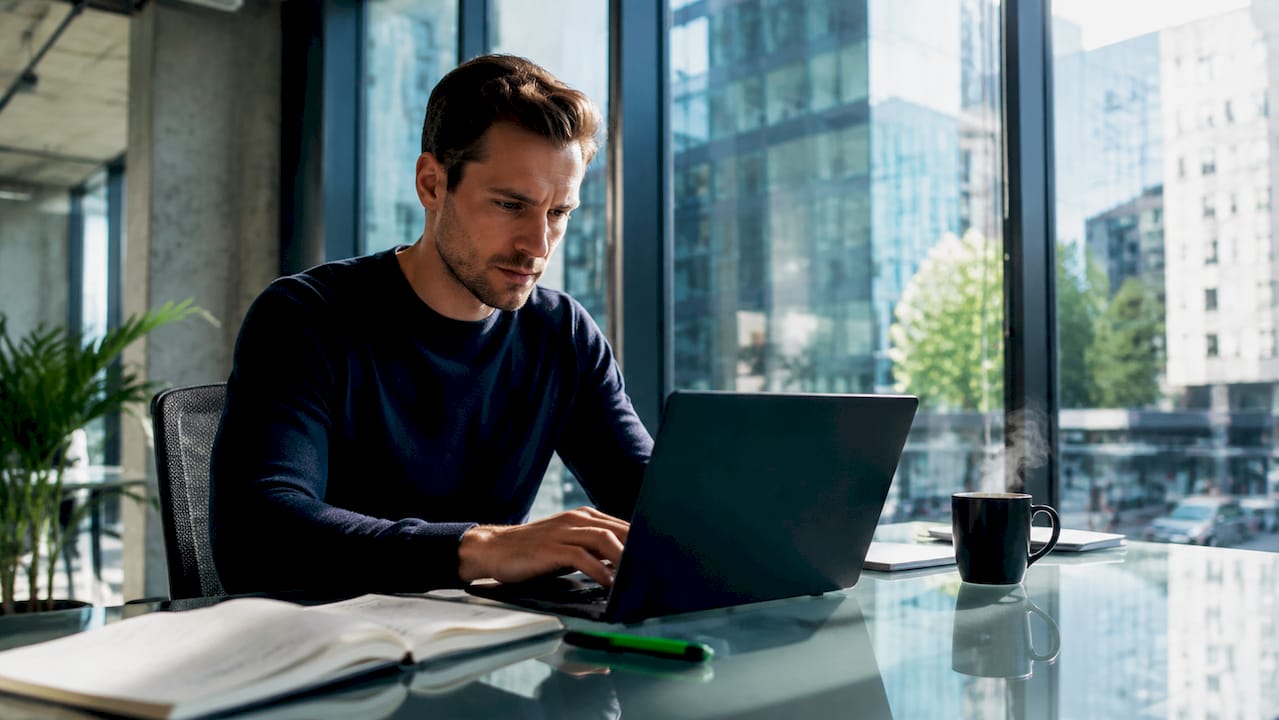 Thuis zit een man achter zijn laptop om zijn energieverbruik te bekijken en te analyseren.