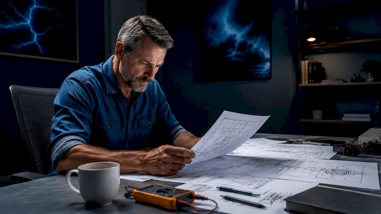 Engineer reviewing grid storage workflow schematics