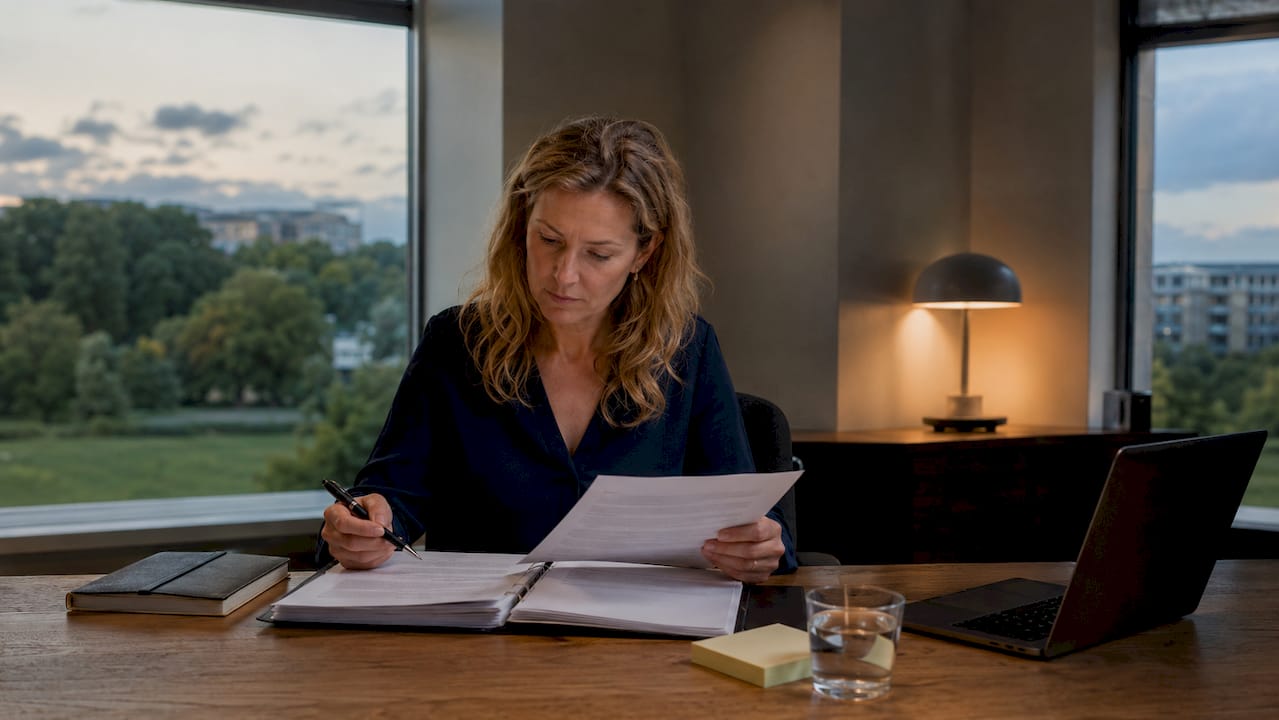 Ondernemende vrouw vergelijkt energiecontracten achter haar bureau