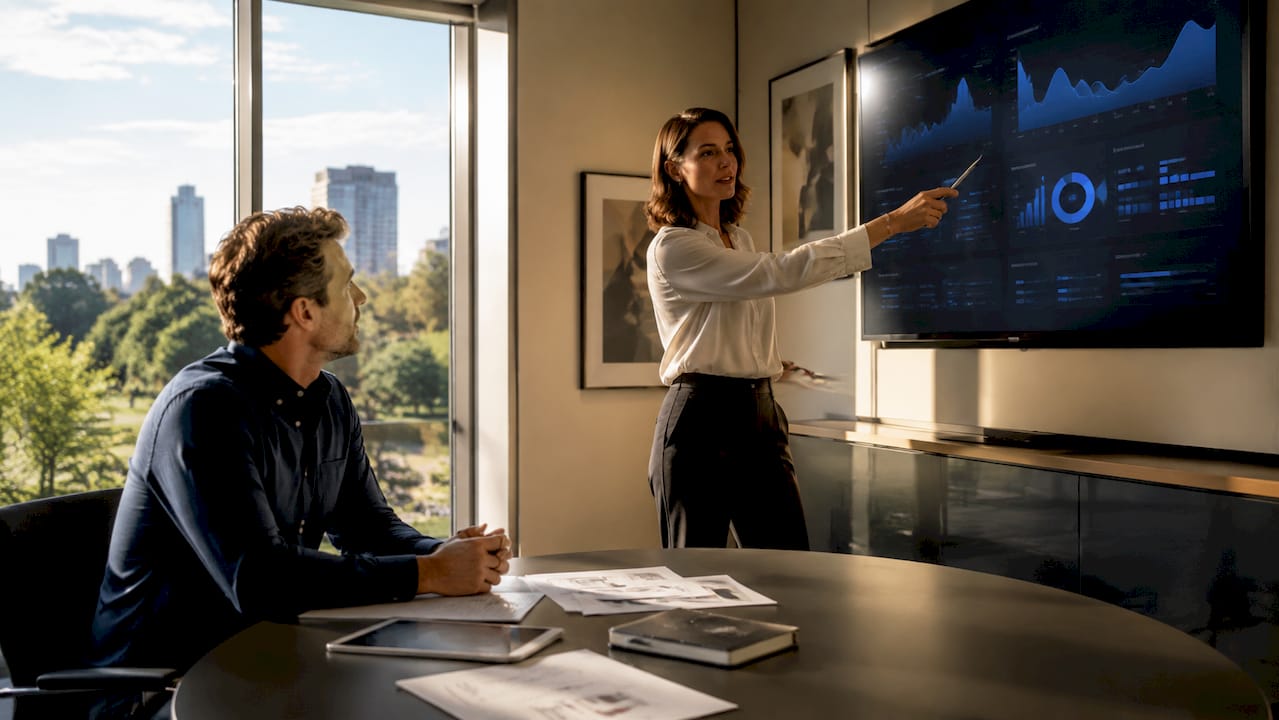 Een facilitair manager bekijkt samen met een collega het energiedashboard om het verbruik te analyseren.