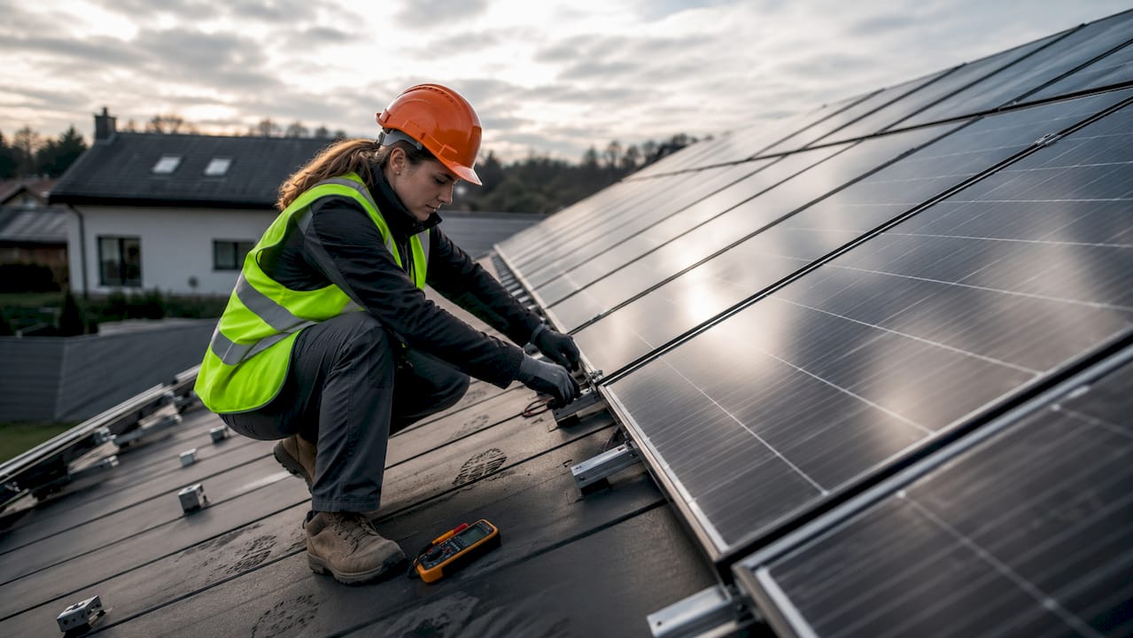 Une technicienne effectue un contrôle des panneaux solaires.