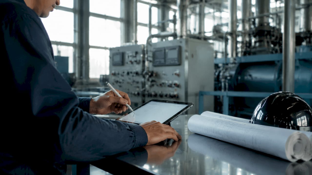 Engineer hands with tablet and schematics