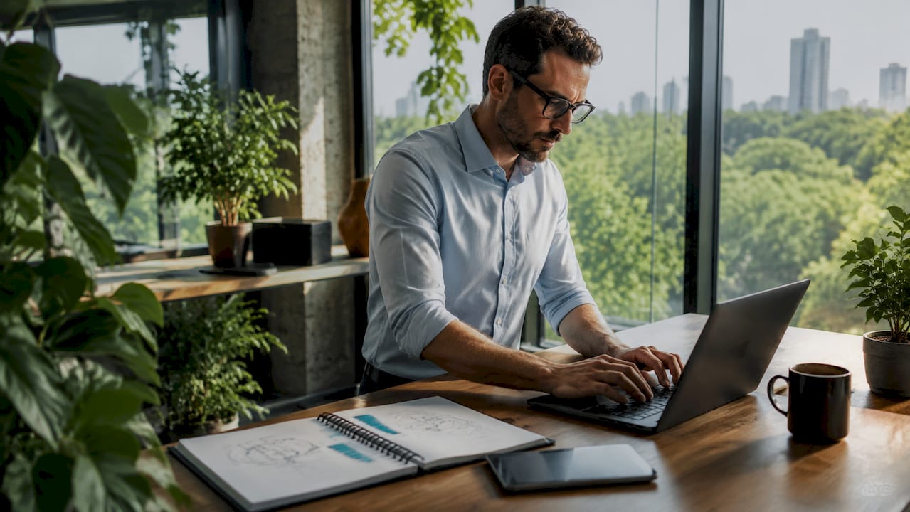 Energy professional typing on laptop in office