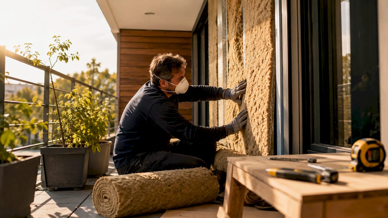 Man installing loft insulation in attic