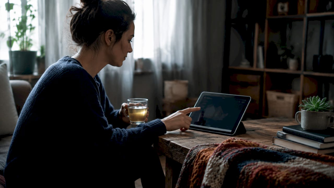 Woman using home energy management tablet