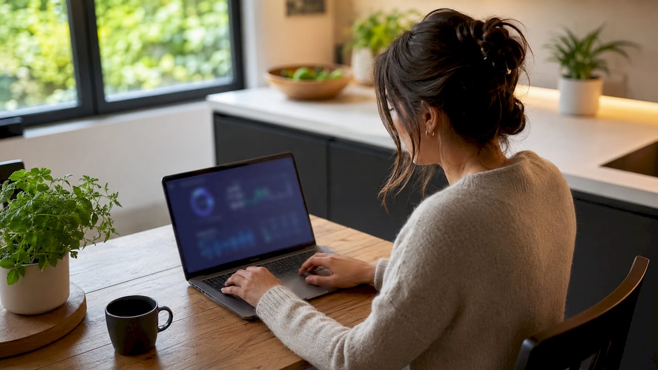 Une femme consulte sur son ordinateur des applications dédiées au suivi de sa consommation d’énergie.