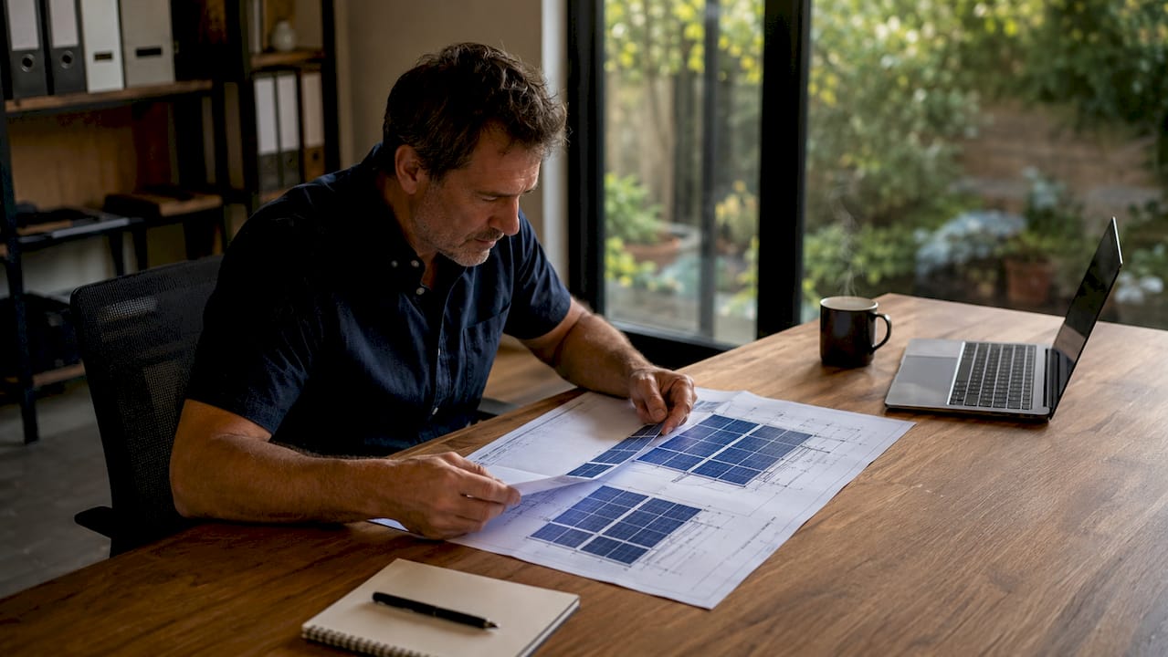 Une personne chez elle en train d’étudier les plans d’installation de panneaux solaires.