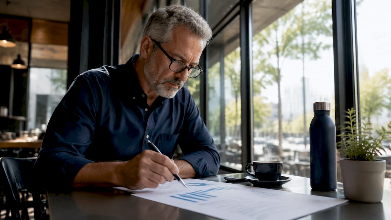 Energy analyst reviewing reports on renewable energy