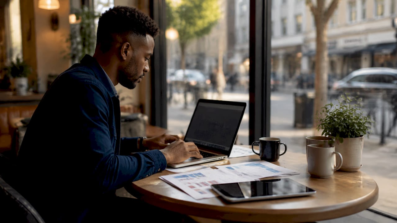 Trader analyzing energy market data on laptop