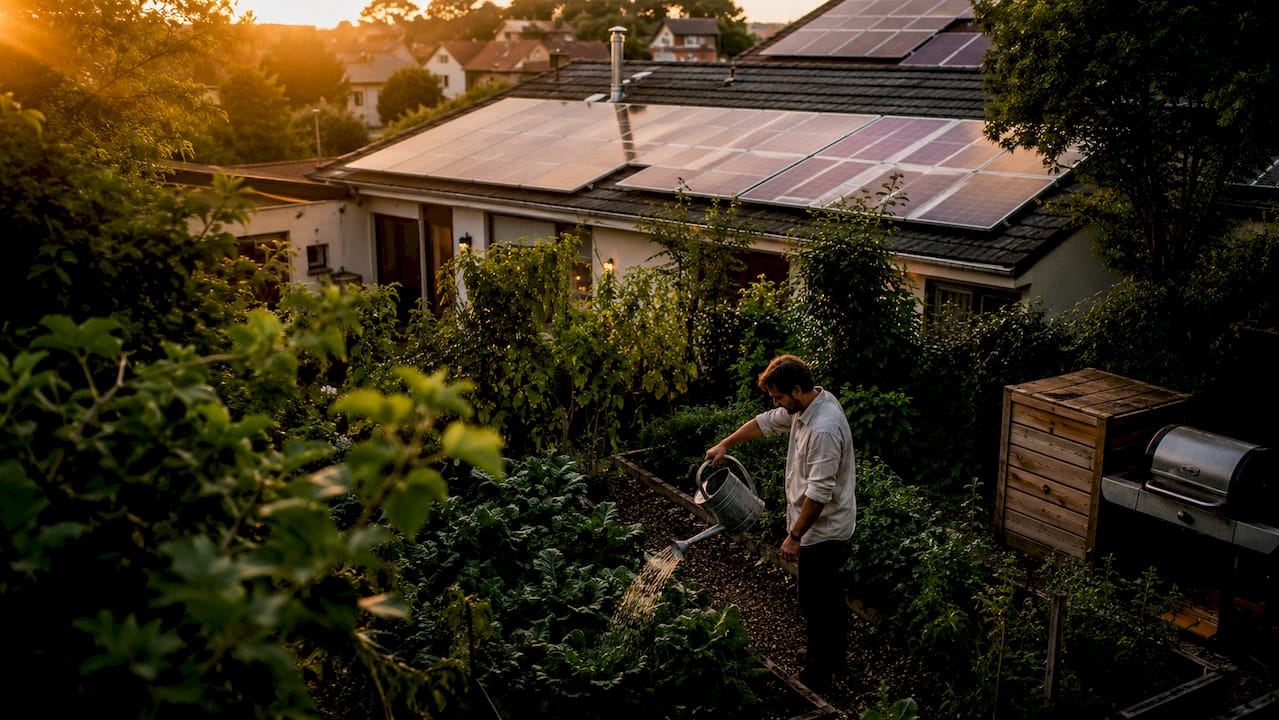 Des panneaux solaires installés sur le toit d'une maison de banlieue, baignés par un ciel bleu éclatant.