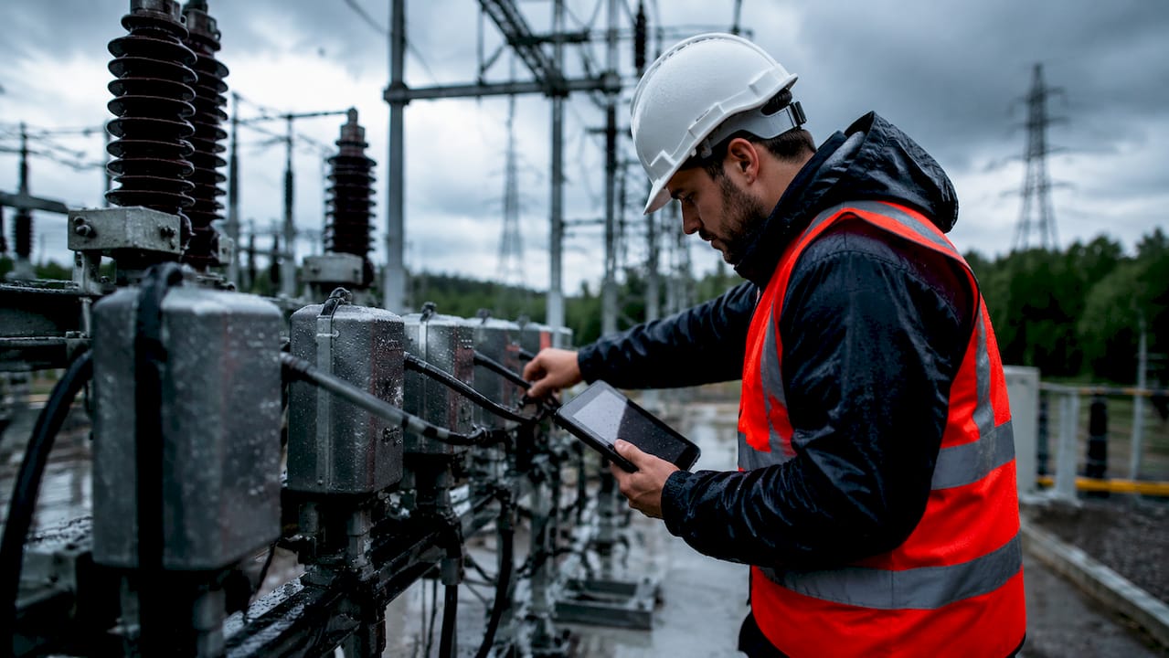 Un technicien spécialisé procède à une vérification de l’installation électrique au sein d’un poste de transformation.