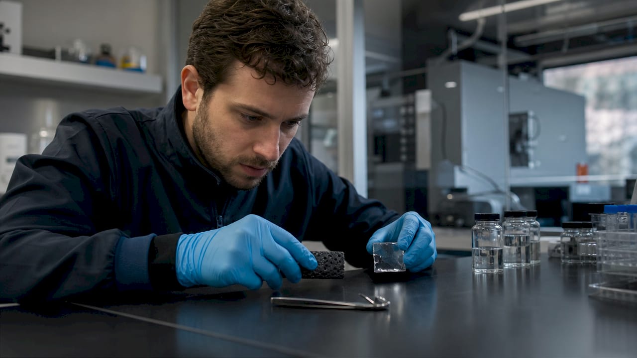 Hands holding two types of supercapacitor electrodes