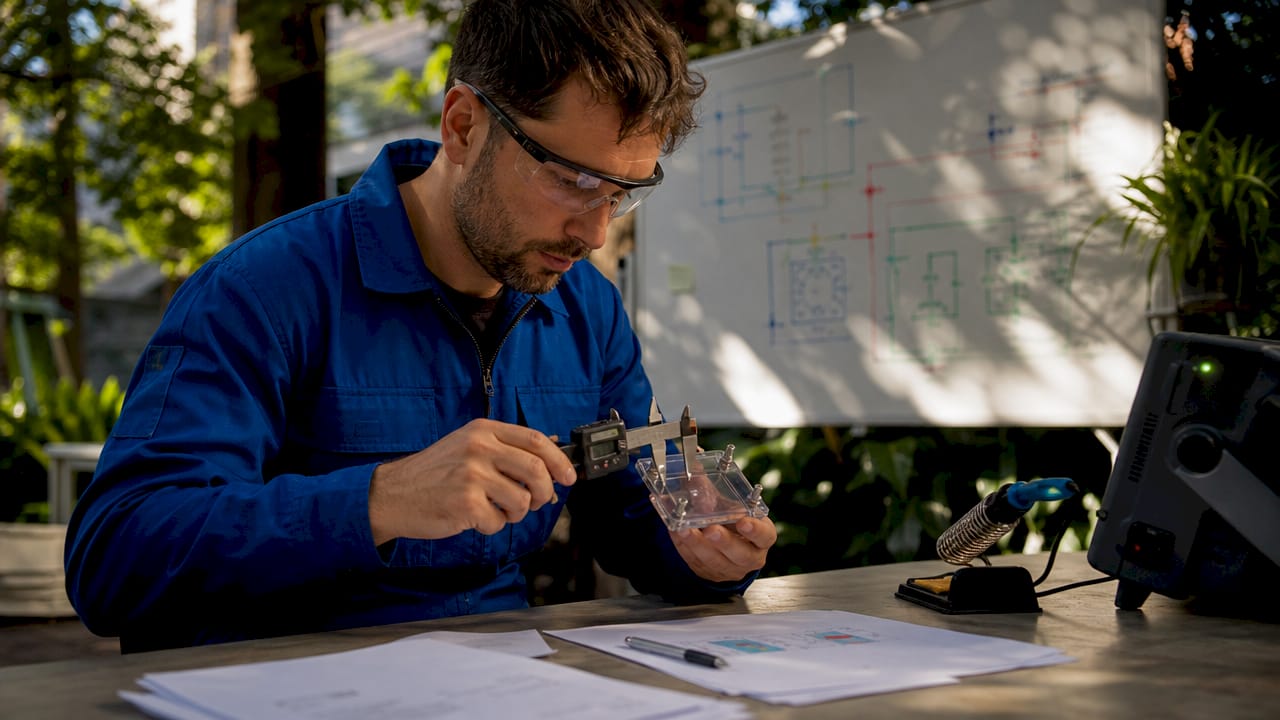 Scientist measuring supercapacitor module in lab
