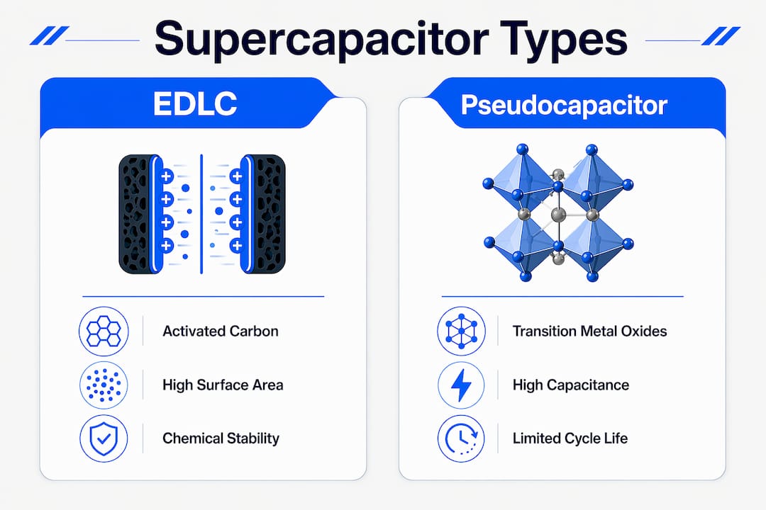 Infographic comparing supercapacitor types and materials