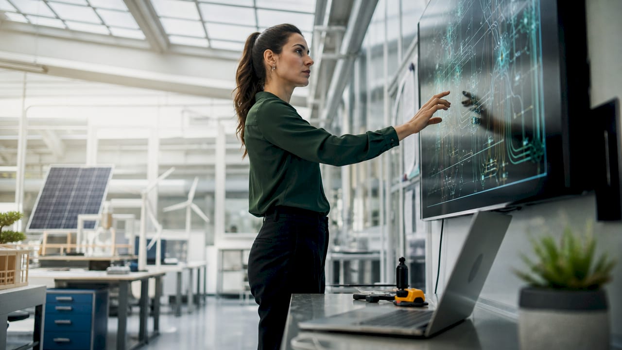 Energy engineer monitoring digital twin dashboard