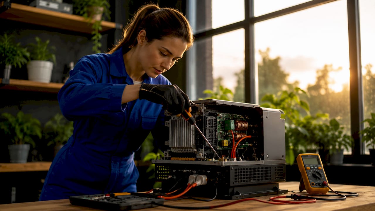 Een technisch expert controleert de omvormer.