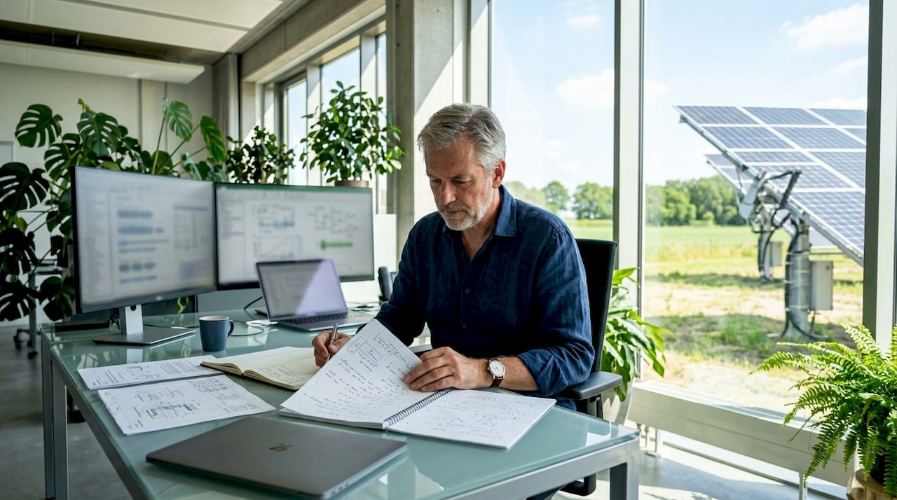 Een ingenieur bekijkt het energiesysteem grondig aan tafel.