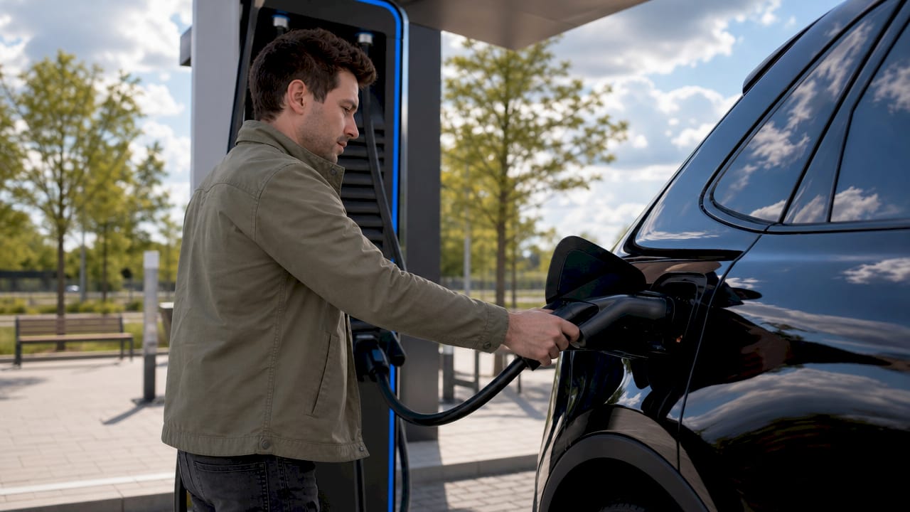 Des mains branchent un câble de recharge rapide sur une voiture électrique.