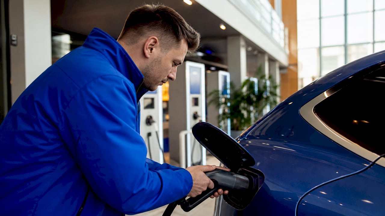 Un technicien procède au branchement d’une voiture électrique sur une borne de recharge rapide.