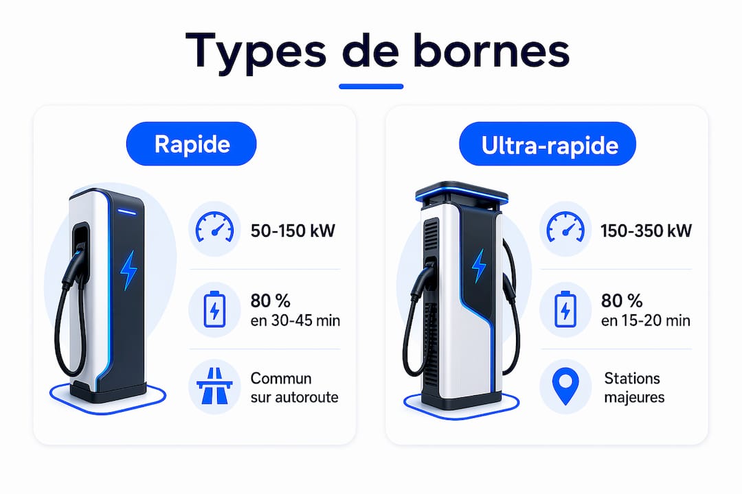 Infographie sur les différences entre bornes de recharge rapide et ultra-rapide