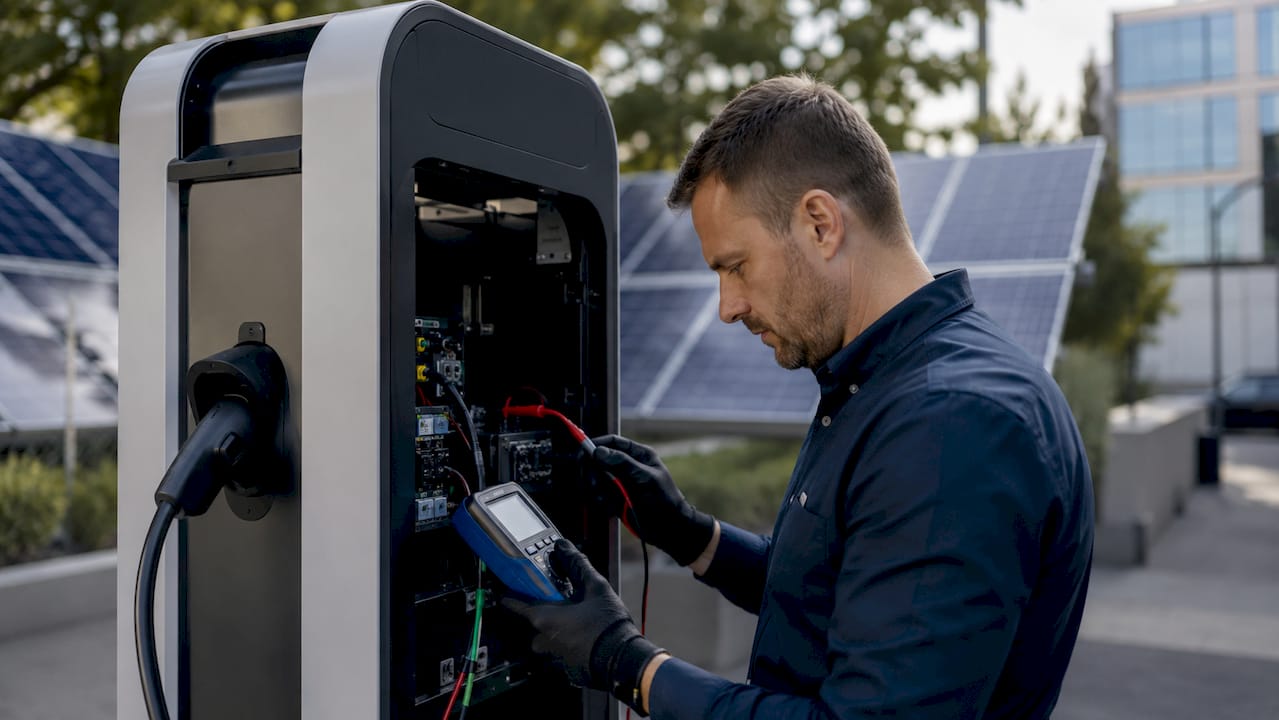 Un ingénieur procède à des tests sur les performances électriques d'une borne de recharge pour véhicules électriques en laboratoire.