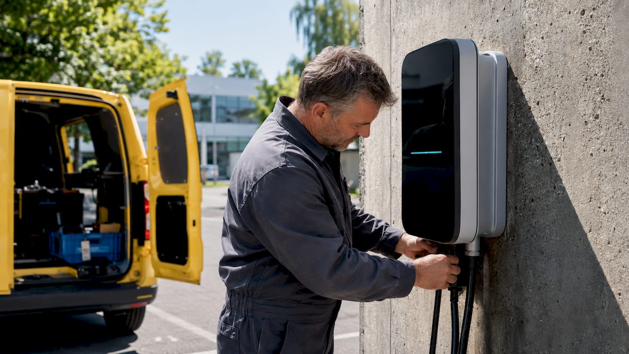 Un technicien procède à l’installation d’une borne de recharge pour véhicules électriques sur le parking d’une entreprise.