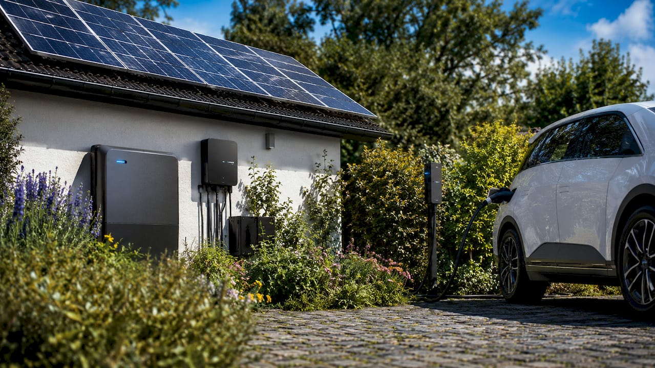 Residential solar panels with battery and electric vehicle charger