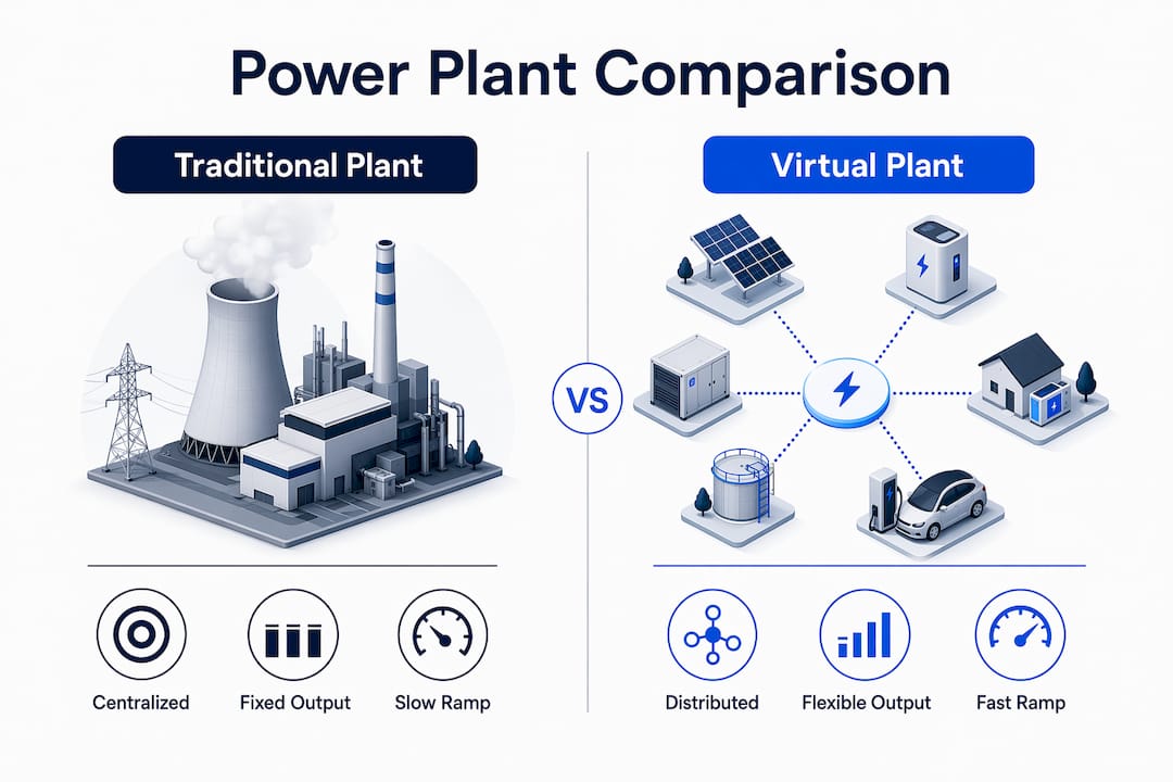 Infographic comparing traditional and virtual power plants