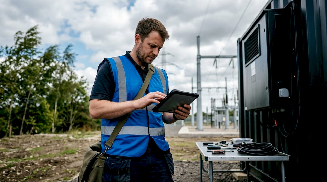 Ingénieur travaillant dans une centrale électrique, à proximité d'une installation de stockage d'énergie.