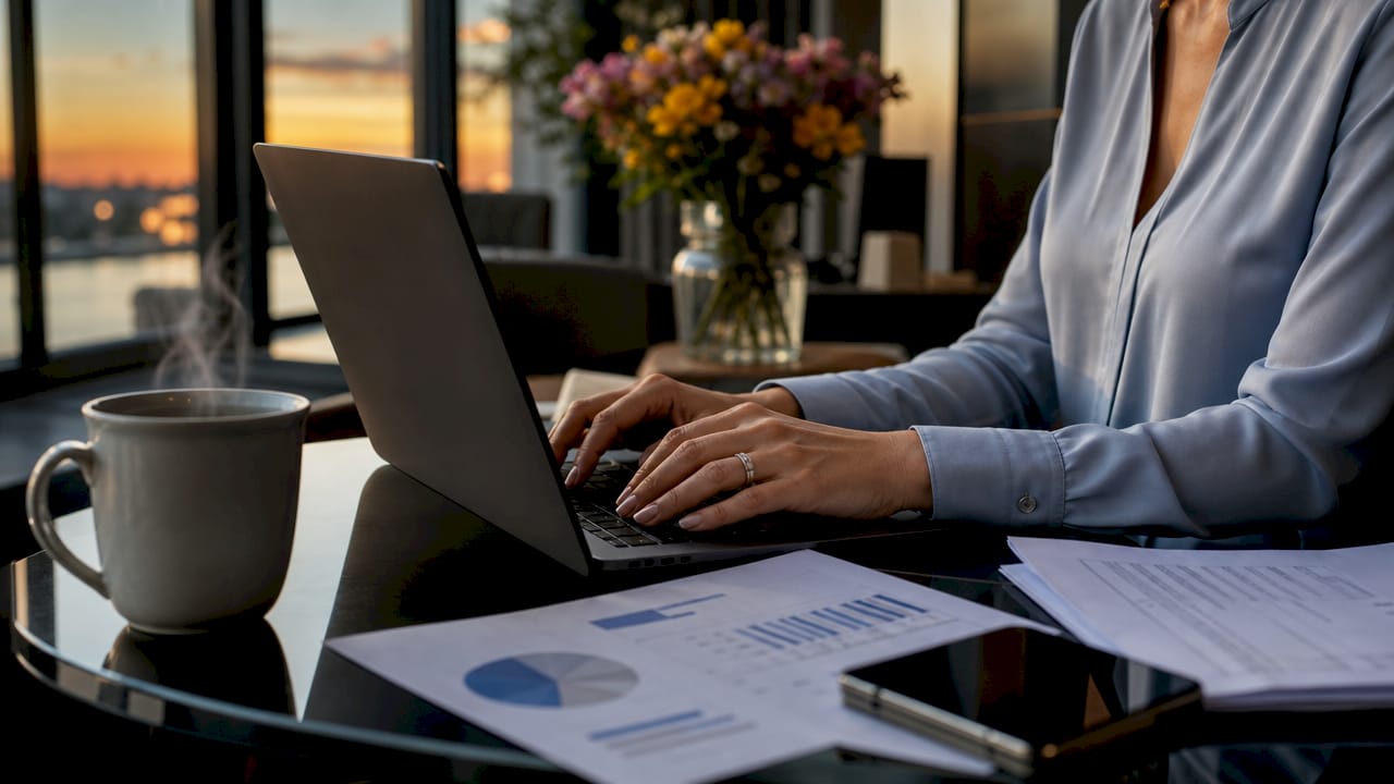 Iemand zit achter de laptop en werkt aan financiële papieren.
