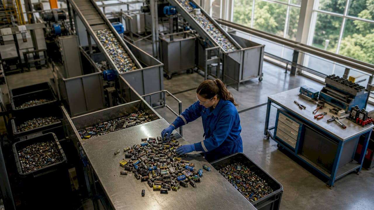 Battery recycling facility with technician and conveyor belts