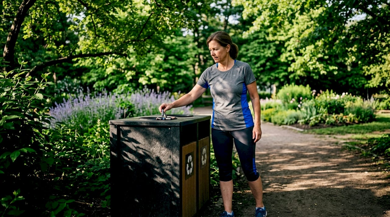 Woman dropping off batteries at public recycling station