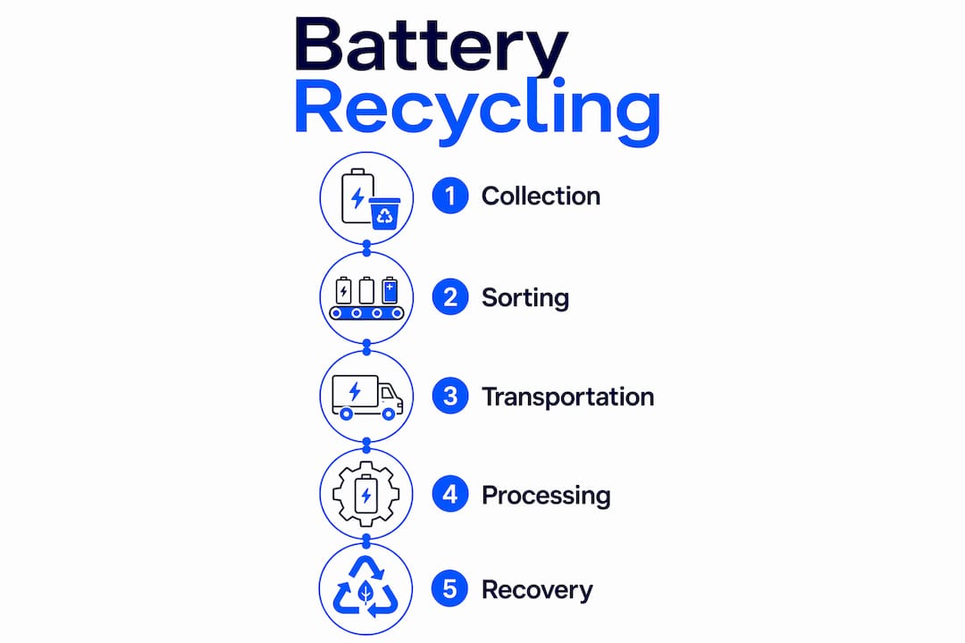 Vertical flow infographic showing battery recycling stages