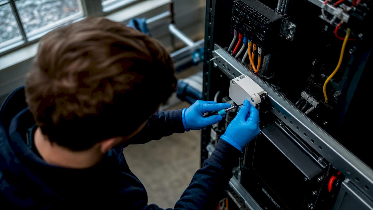 Een monteur plaatst een slimme sensor voor energiebeheer.
