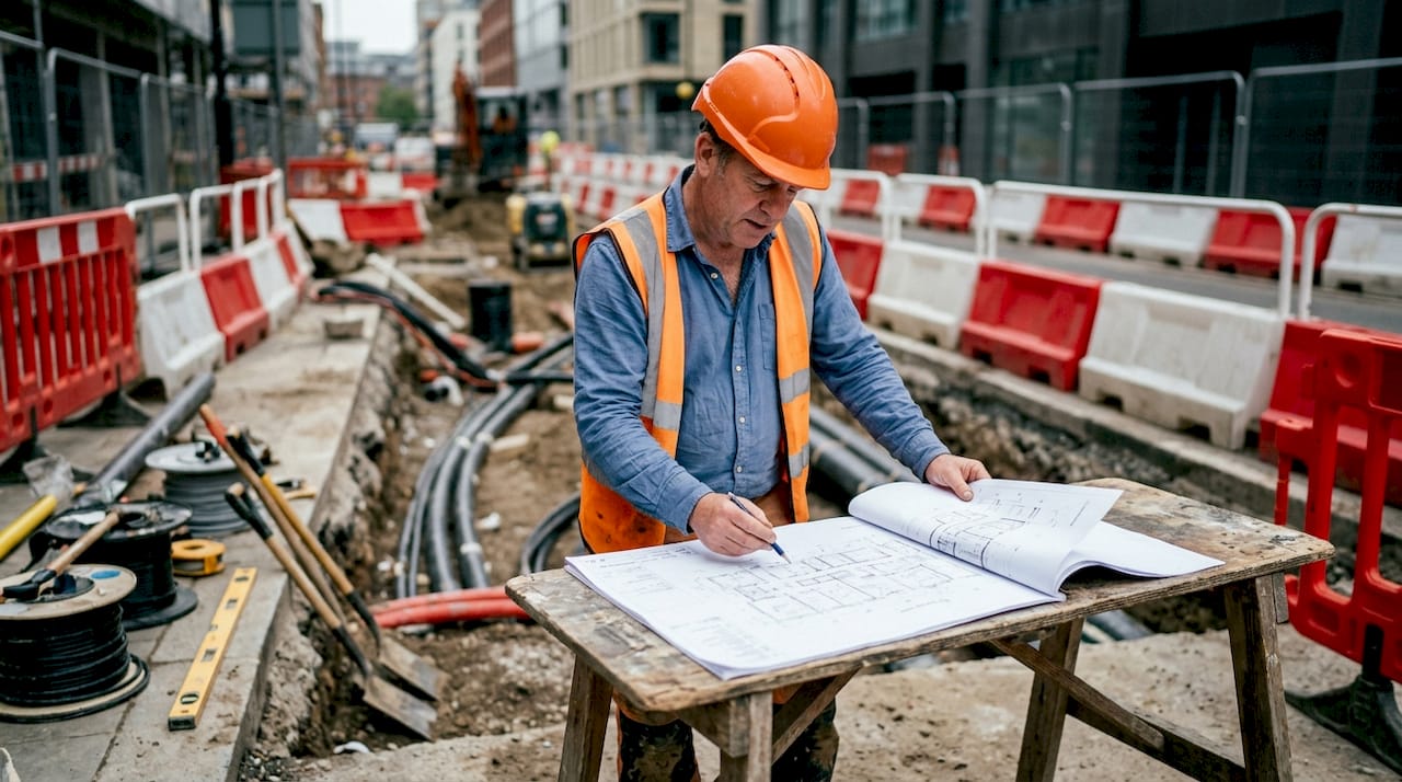 Un ingénieur examine les plans d’implantation des réseaux en plein air.