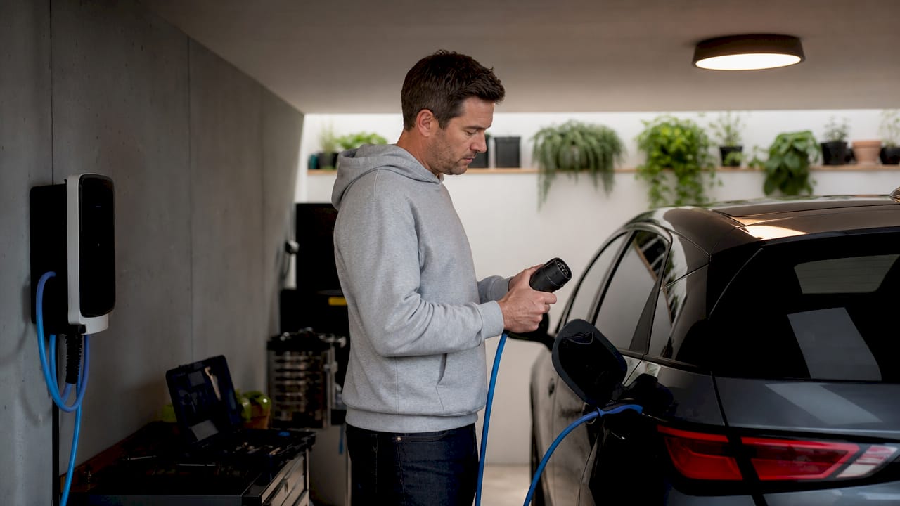 Man laadt zijn elektrische auto op voor zijn huis op de oprit