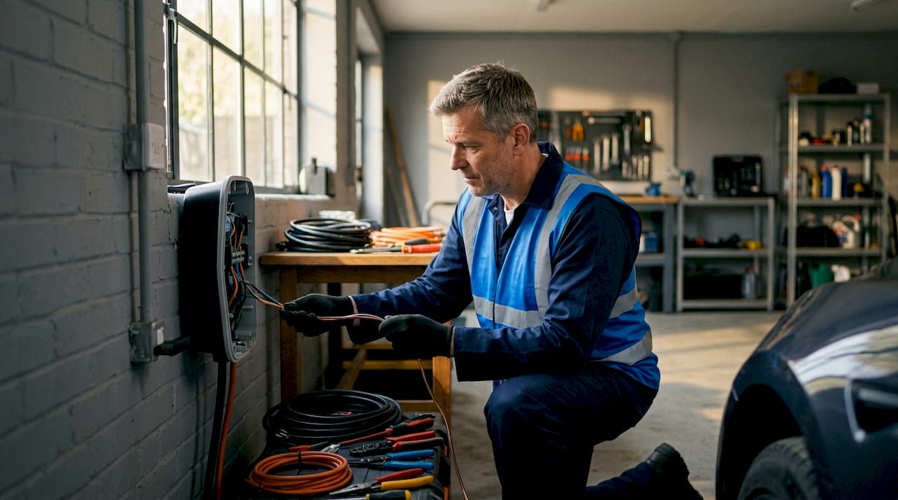 Een elektricien plaatst een laadpunt in de meterkast.