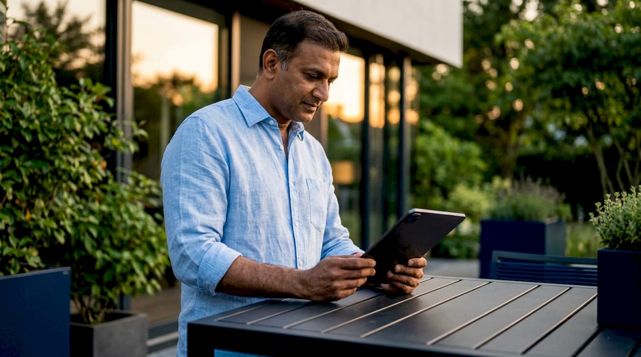 Man using tablet for home EMS controls