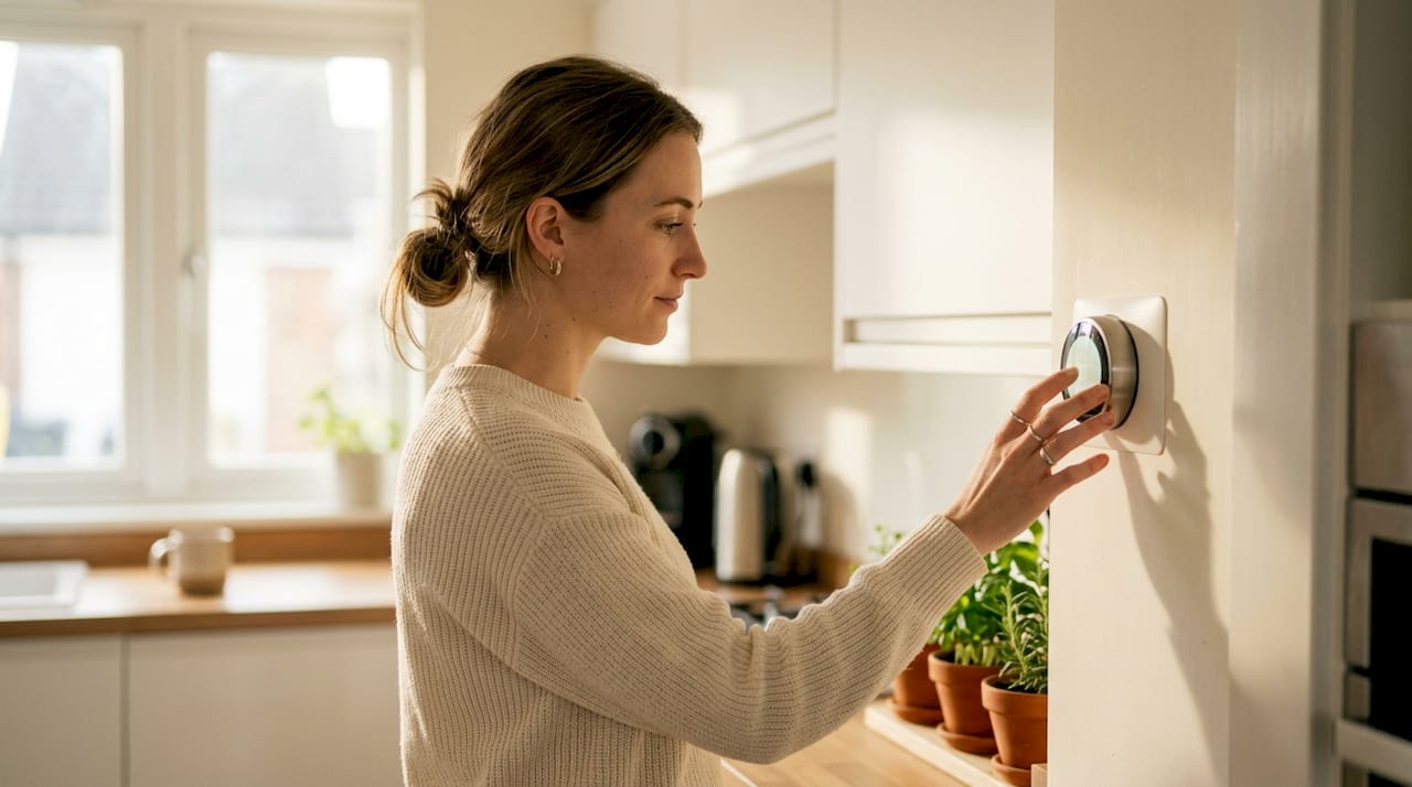 Hands adjusting smart thermostat device