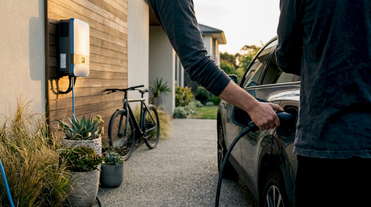 Hands connecting electric vehicle charger in garage