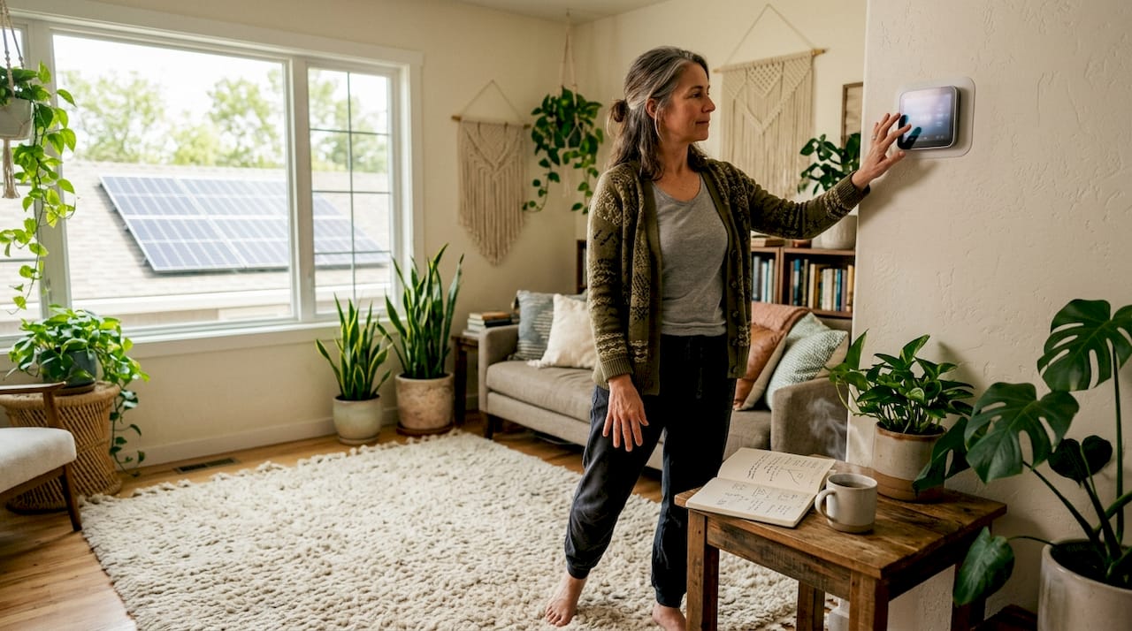 Homeowner adjusting smart thermostat in sunny kitchen