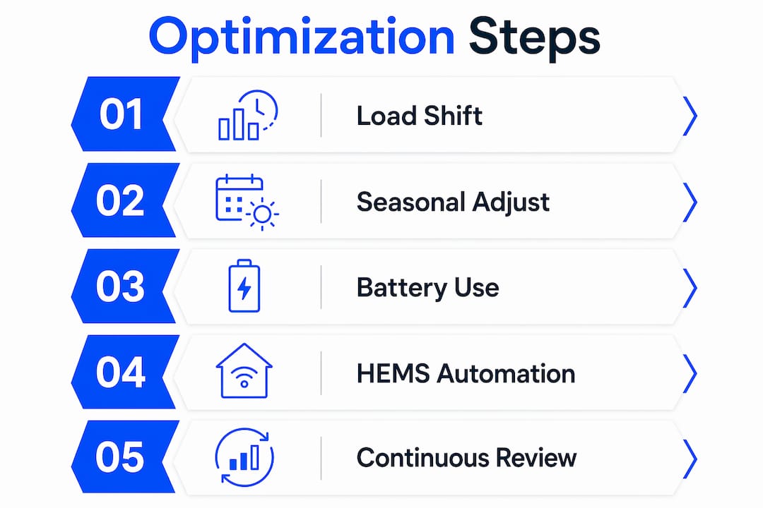 Infographic illustrating optimization steps for solar energy