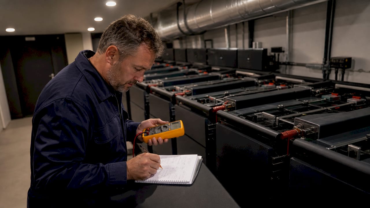 Un technicien procède à la vérification d’un système de stockage d’énergie par batteries dans un environnement industriel.