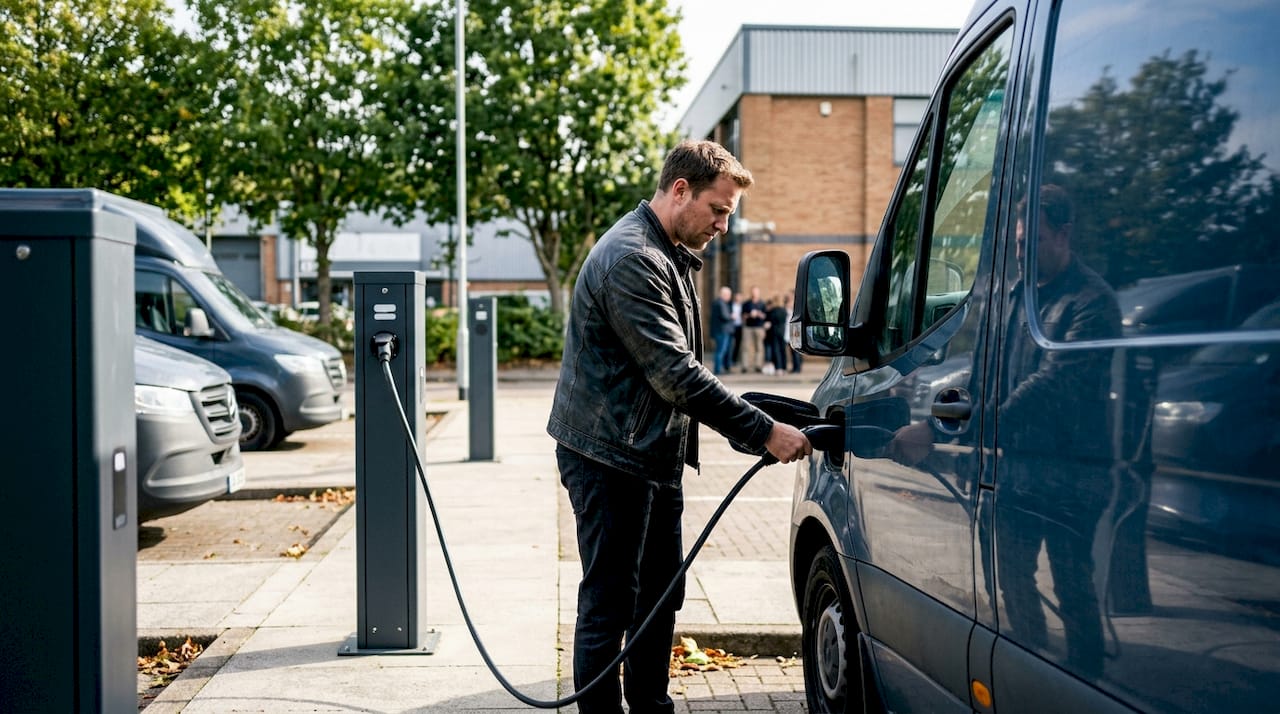 Des mains branchent un câble de recharge sur une voiture électrique.