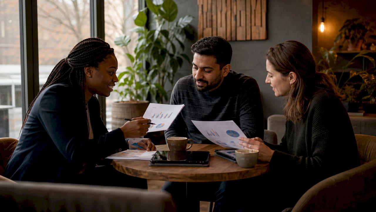 Team reviewing energy trading benefit charts