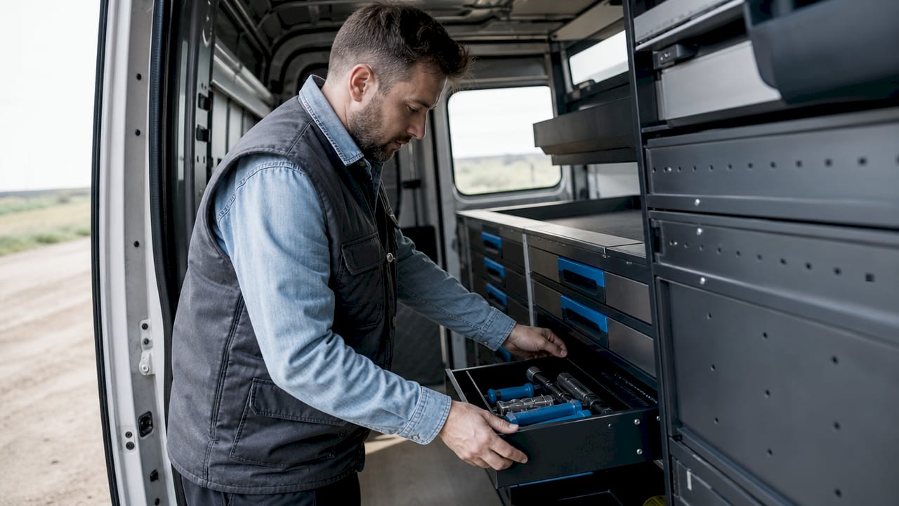 Un technicien réorganise les rangements modulables à l’intérieur de son utilitaire.