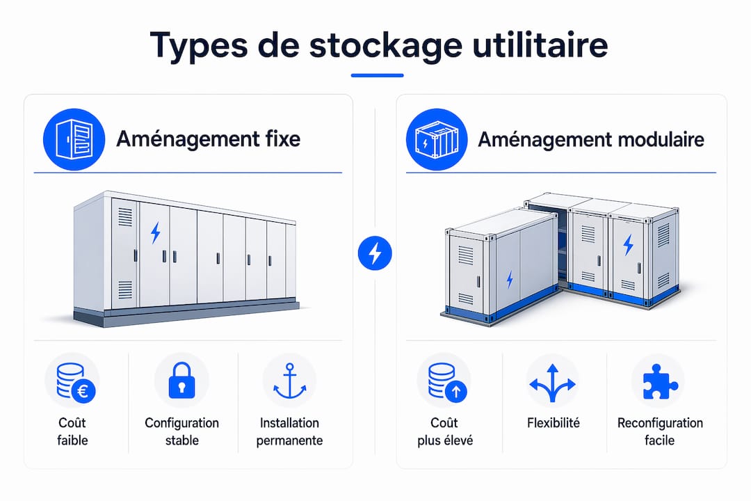 Infographie mettant en parallèle les solutions de rangement fixes et modulaires pour véhicules utilitaires