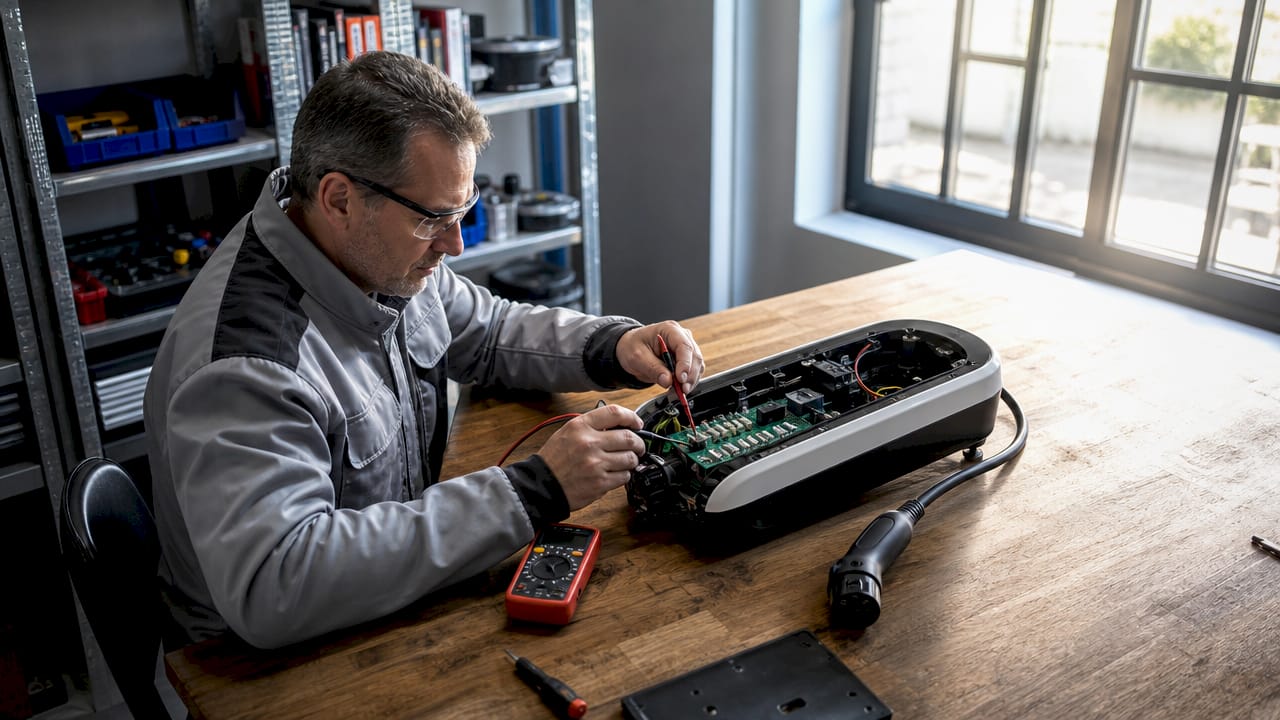 Een elektricien controleert het laadpunt voor elektrische auto's.