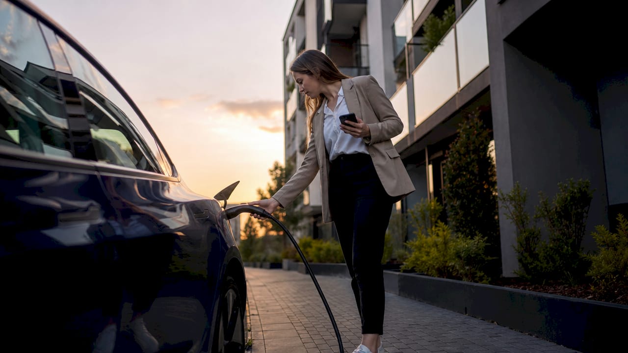 Een vrouw sluit haar elektrische auto aan op de laadpaal bij haar oprit.